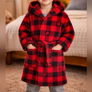 * Cat & Jack Boys Toddler Kids Hooded Wrap Fleece Plaid Robe Red And Black Sz 3T